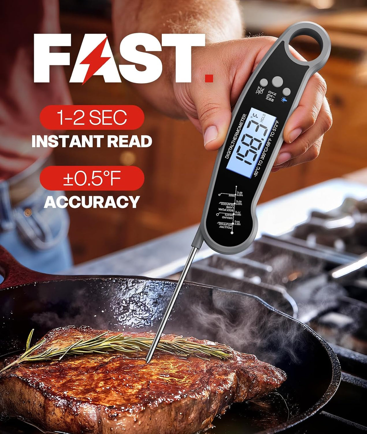 Meat Thermometer Digital, 1-2 Sec Instant Read, Grilling, Cooking, Food