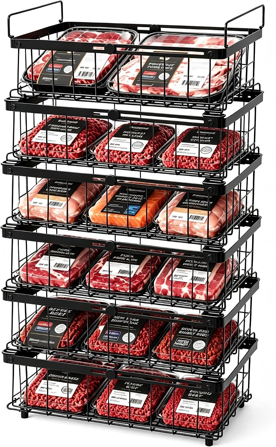 Freezer Organizer Bins, 6-Pack for Chest Freezers | Stackable & Expandable Storage Container with Handles | White Foldable Baskets for 10-20 Cu. Ft. | for Sorting Frozen Meats