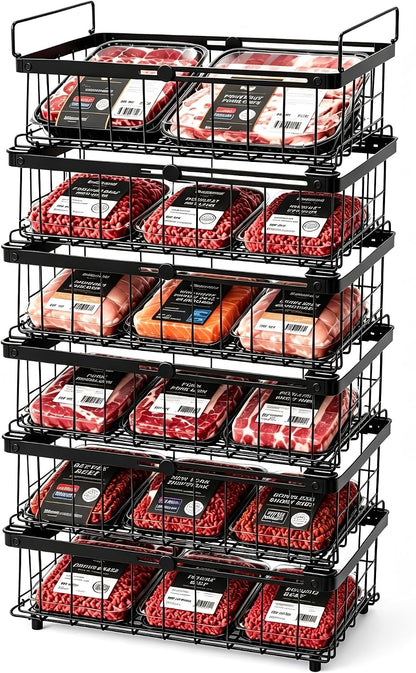 Freezer Organizer Bins, 6-Pack for Chest Freezers | Stackable & Expandable Storage Container with Handles | White Foldable Baskets for 10-20 Cu. Ft. | for Sorting Frozen Meats