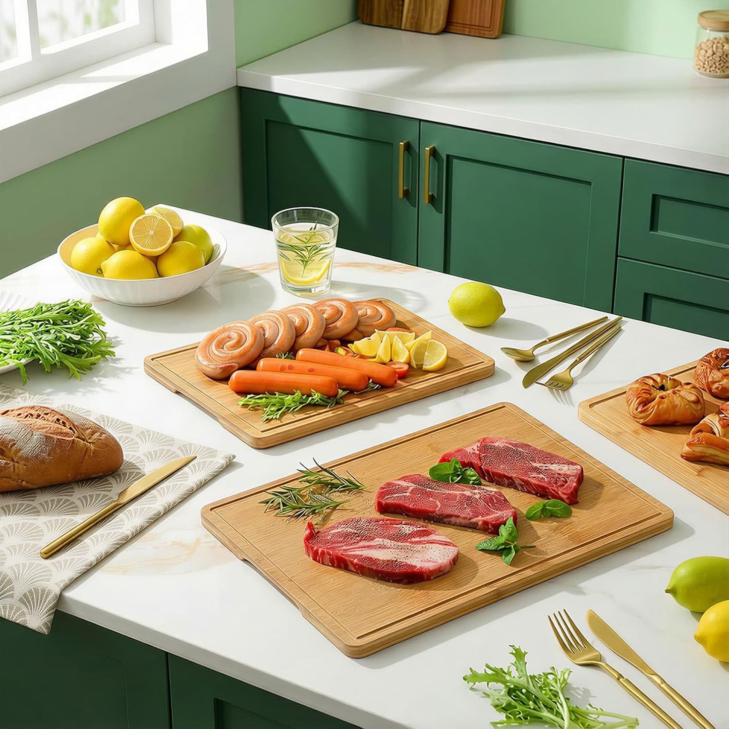 Zarler Bamboo Cutting Boards for Kitchen, 3 Piece Durable Wood Cutting Board with Juice Grooves and Handles, Wooden Chopping Board Set for Meal Prep, XL Size, Ideal Kitchen Gift
