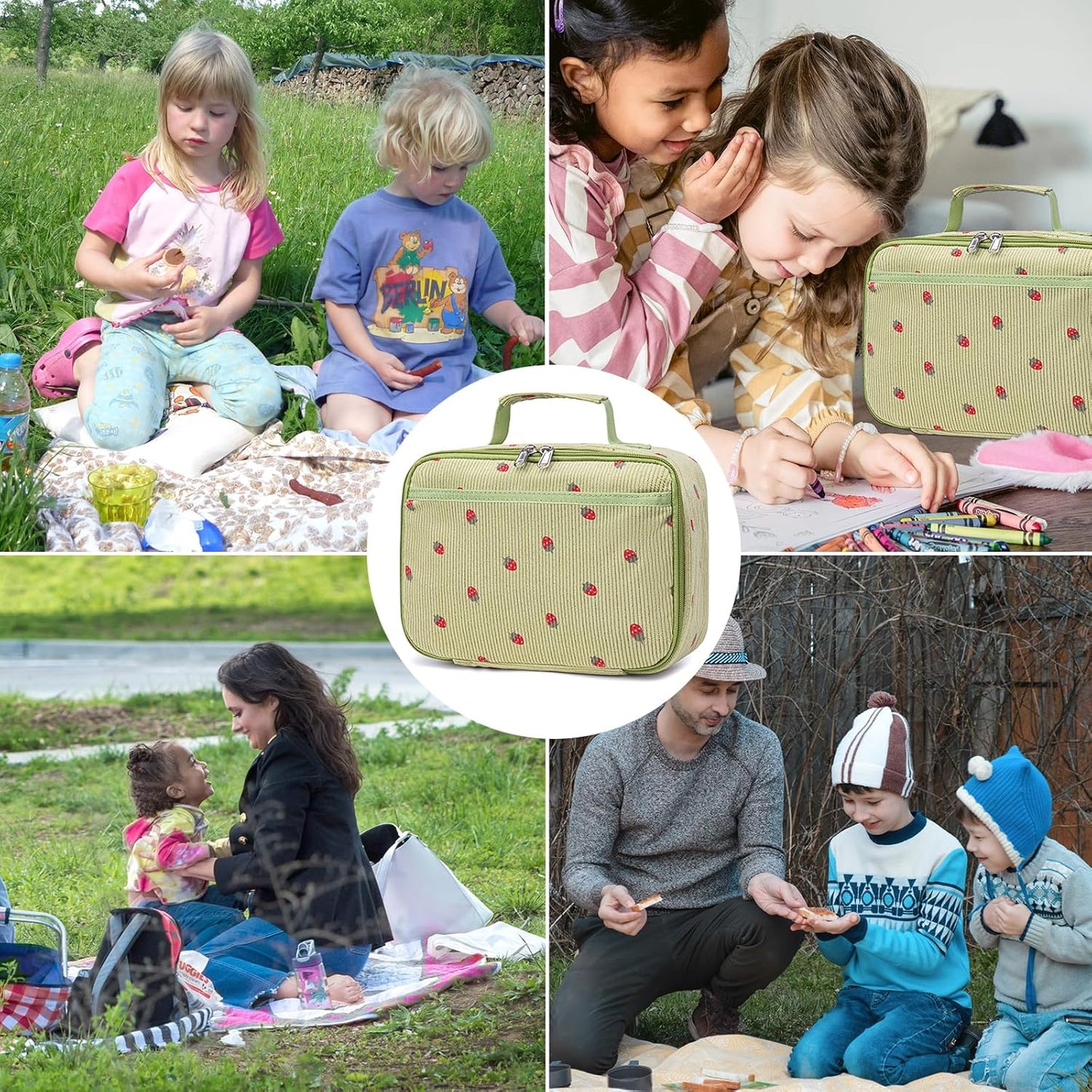 Bluboon Insulated Lunch Bag for Girls & Boys, Corduroy School Lunch Box with Cooler & Organizer Compartments, Leak-Proof Lunch Tote for School, Travel (Corduroy Strawberries Beige)