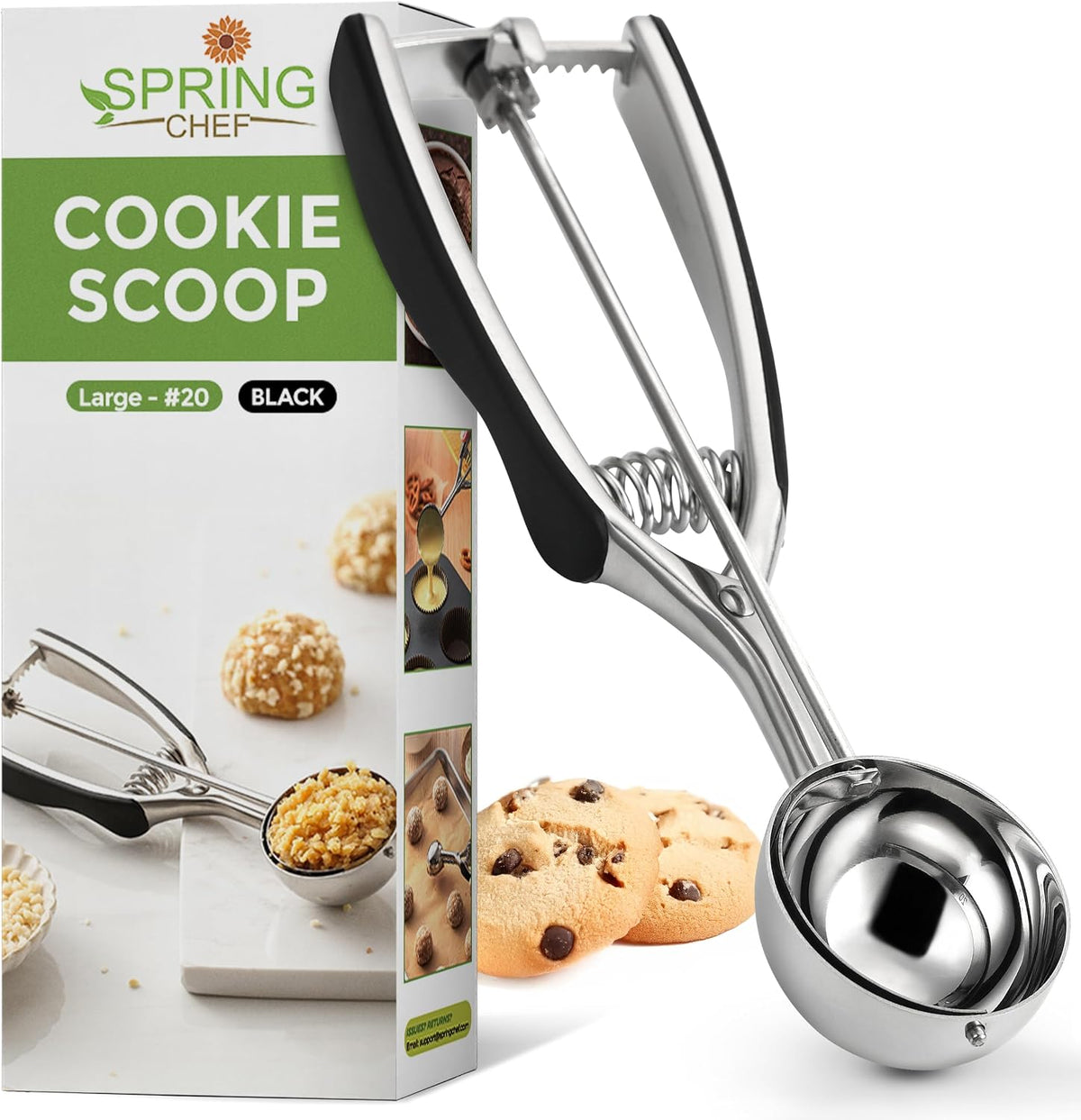 Spring Chef Extra Large Stainless Steel Cookie Scoop, #10, 5.5 Tbsp, Black