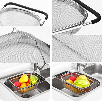 Expandable Strainer Over The Sink Basket, Stainless Steel Colander with Fine Mesh, 4-6Quart Strainer Basket with Rubber Grip Handle for Kitchen, Drain, Rinse Veegetables, Fruits (silver, 6QT)
