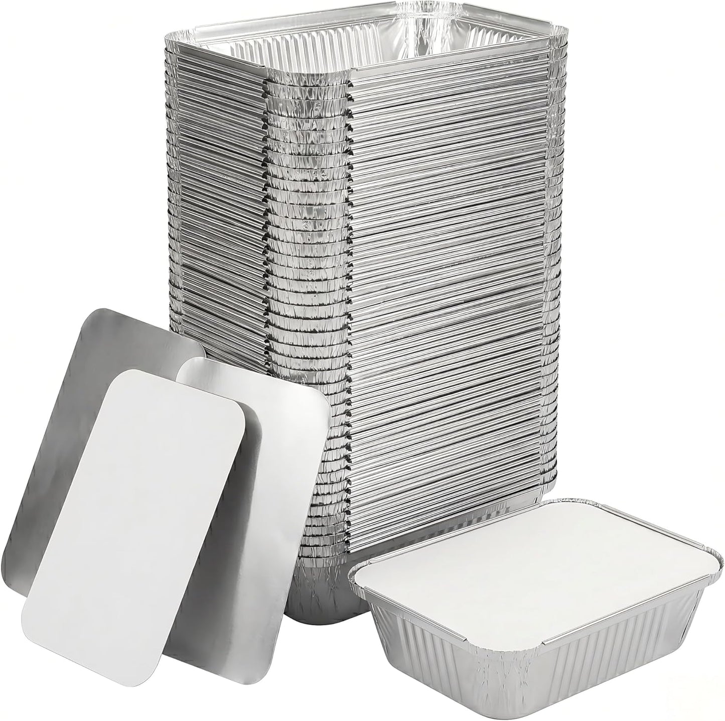 50 Pack Aluminum Pans with Cardboard Lids, 8.3"x6.2", 2.25 LB | Heavy duty disposable foil containers, trays for baking, meal prep, roasting, food storage
