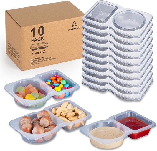 MACTANO 20 Sets Condiment Container with Lid, Disposable Double Compartment Plastic Container for Sauce Snack