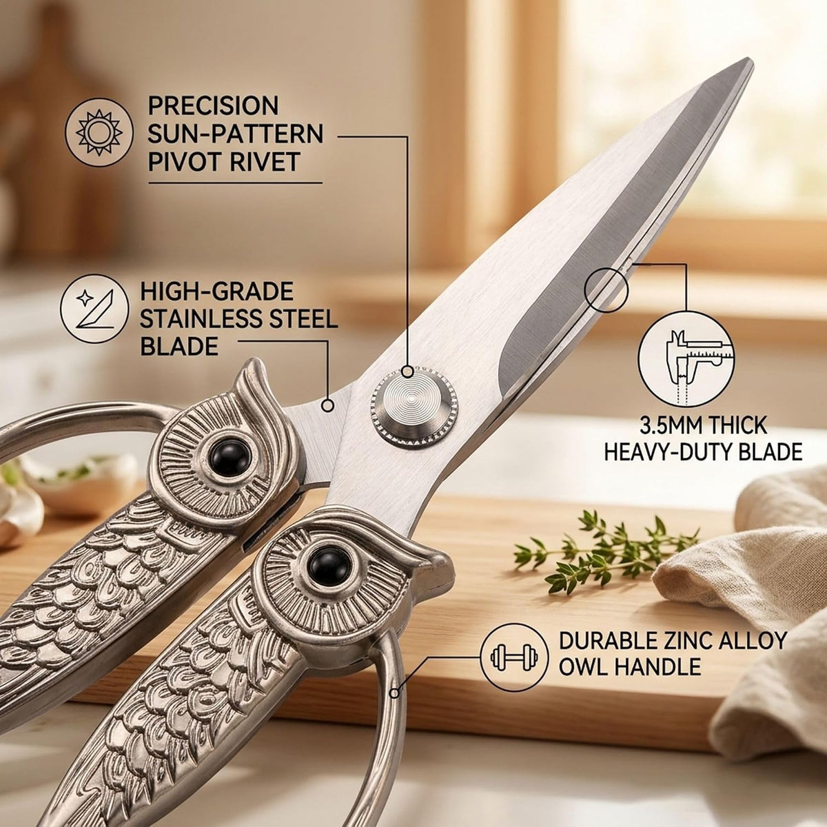 XSNBRD All Purpose Kitchen Scissors, Pearl Gold Stainless Owl Shears.