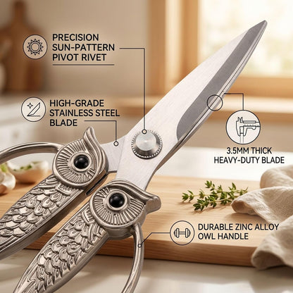 XSNBRD All Purpose Kitchen Scissors, Pearl Gold Stainless Owl Shears.