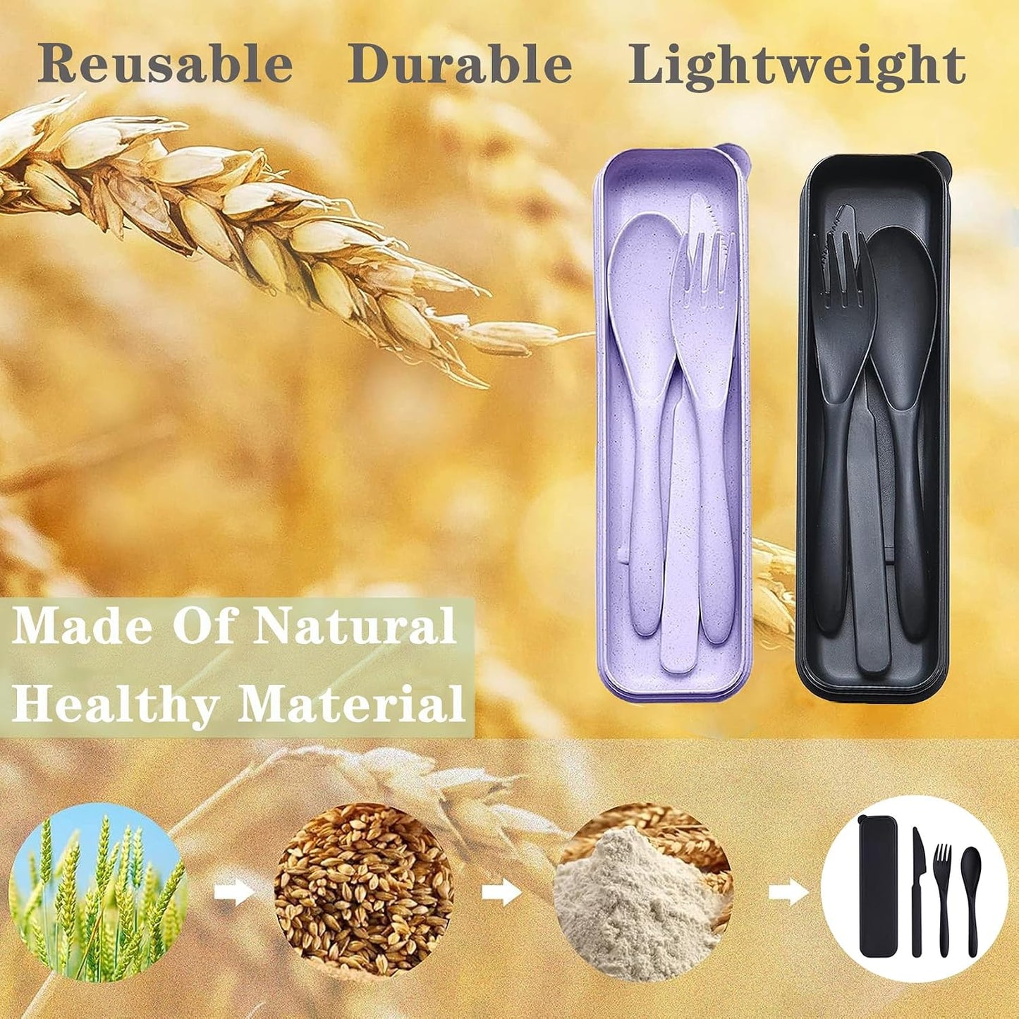 Reusable Travel Utensils Set with Case, 2 Sets Wheat Straw Portable Plastic Fork Spoons Knife Cutlery, Camping Eco-Friendly BPA Free Tableware for Kids Adults Work Picnic or Daily Use (Pink)