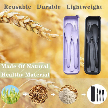 Reusable Travel Utensils Set with Case, 2 Sets Wheat Straw Portable Plastic Fork Spoons Knife Cutlery, Camping Eco-Friendly BPA Free Tableware for Kids Adults Work Picnic or Daily Use (Pink)
