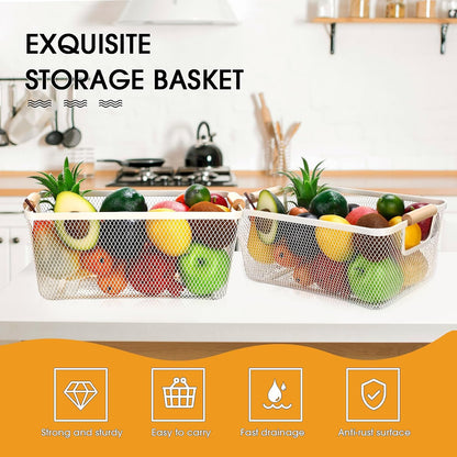 Ziliny 4 Pcs Metal Mesh Wire Baskets with Wooden Handles for Organizing, Pantry Organizers and Storage Steel Bin Kitchen Baskets for Fruit Potato Onion Snacks Bathroom Cabinet(Medium,Cream White)