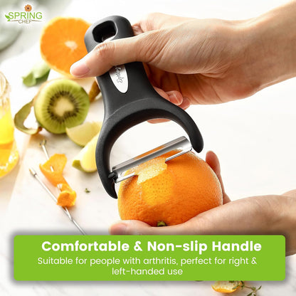 Spring Chef Vegetable Peelers for Kitchen - Stainless Steel Swivel, Y & Julienne Peelers, Potato Peelers with Soft Grip Handles, Kitchen Utensils Set of 3 for Fruits, Veggies, Apples, Carrots
