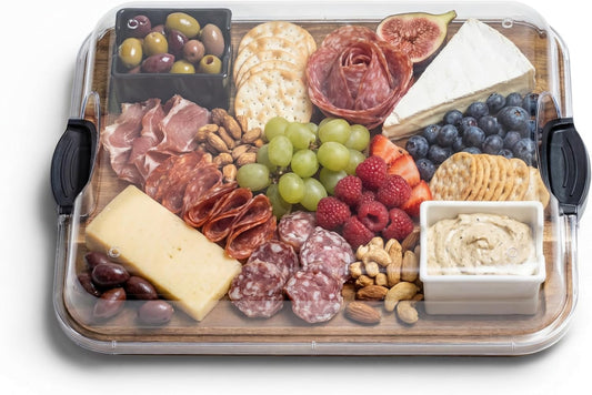 Covered Charcuterie Board with Locking Acrylic Lid, 15" x 11" Acacia Wood Serving Tray, 2 Dipping Containers, Gift Box Included