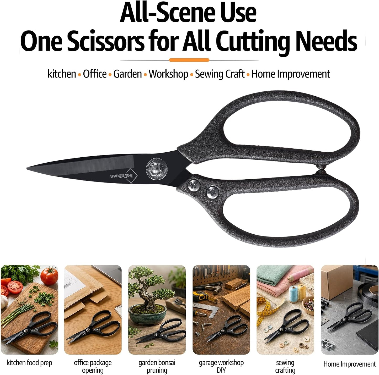 BoFuYuan 8.5 Inch Heavy Duty Scissors, Cut Cardboard Carpet Fabric Leather | Japanese Stainless Steel Sharp Blades, Aluminum grip, Ambidextrous, Utility Multipurpose Shears for Kitchen Garden Workshop