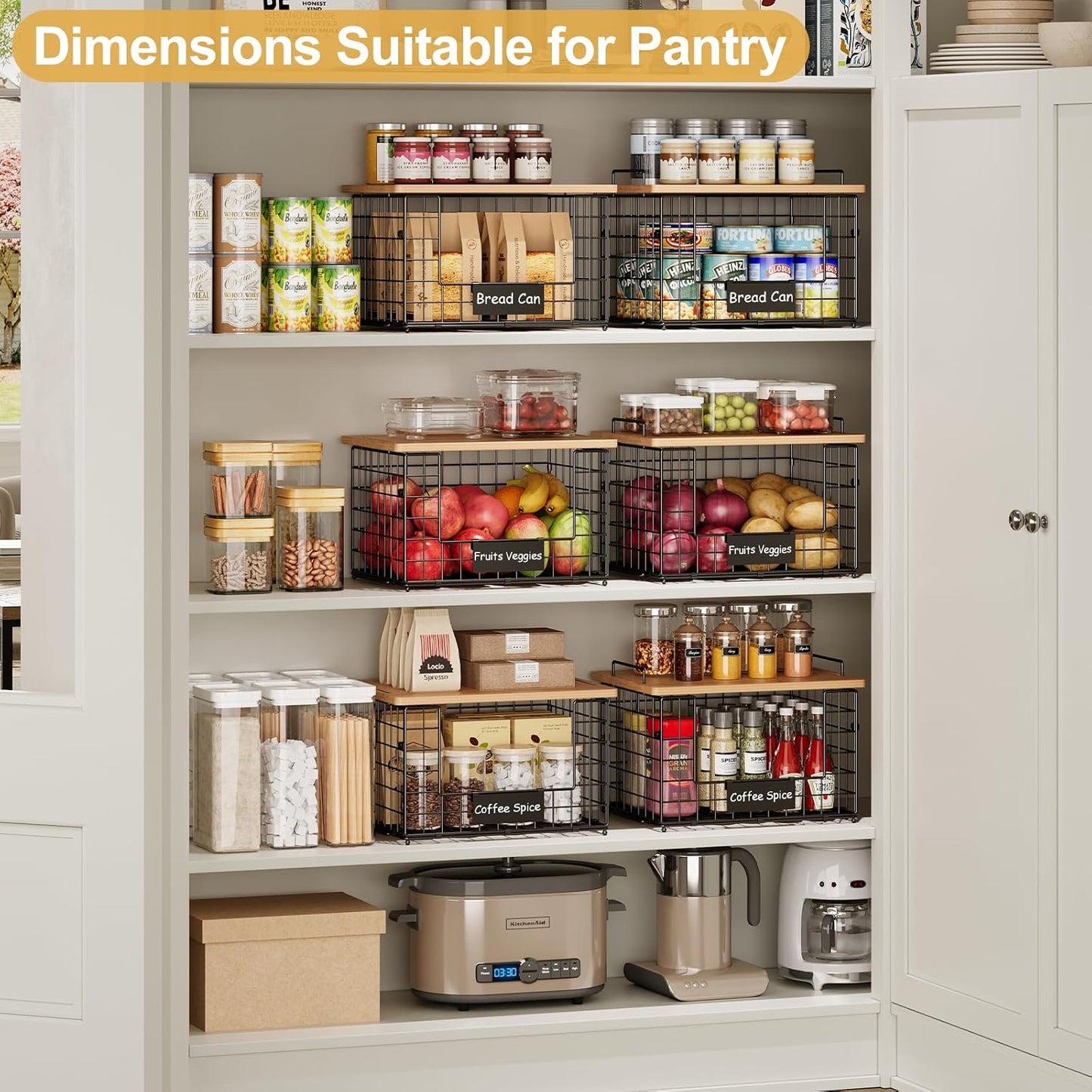2 Pack Stackable Wire Baskets with Bamboo Top for Pantry Organizers and Storage, XXL Kitchen Organization Counter Basket for Fruit, Vegetable, Produce, Bread, Potato and Onion Storage Bins