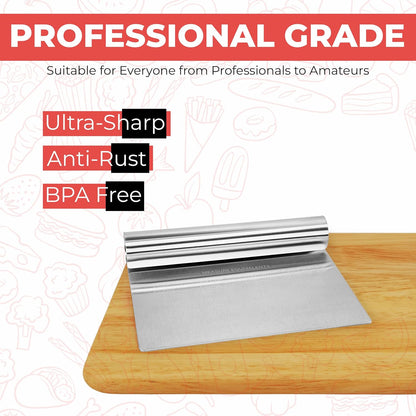 Bench Scraper for Baking, Food Scraper Stainless Steel Blade Dough Cutter with Engraved Measuring Guide & Equivalent Chart, Scraper Tool kitchen Use for Scrapping, Cutting, Chopping, 2 Pack -by RamPro