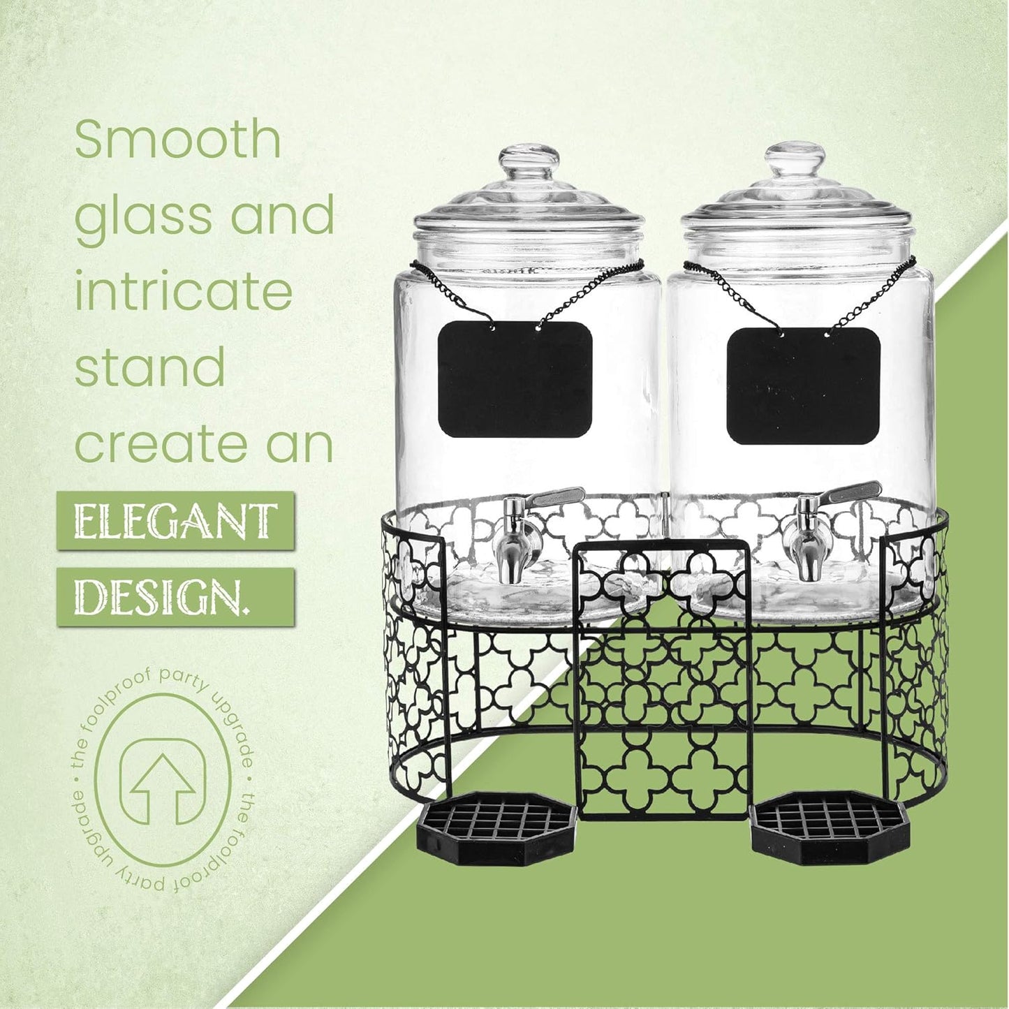 Dual 1.5 Gallon Glass Beverage Dispensers for Parties with Decorative Metal Stand, Stainless Steel Spigot,- Double Drink Dispenser Station for Parties, Weddings, Holidays