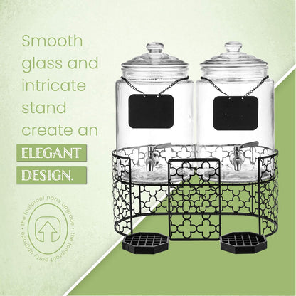Dual 1.5 Gallon Glass Beverage Dispensers for Parties with Decorative Metal Stand, Stainless Steel Spigot,- Double Drink Dispenser Station for Parties, Weddings, Holidays
