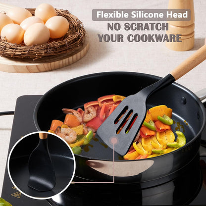 E-far Silicone Cooking Utensils Set, 5-Piece Kitchen Utensils Set with Wooden Handle for Cooking, Silicone Kitchen Nonstick Tools Spatula Turner Slotted Spoons, Nontoxic & Heat Resistant-Khaki