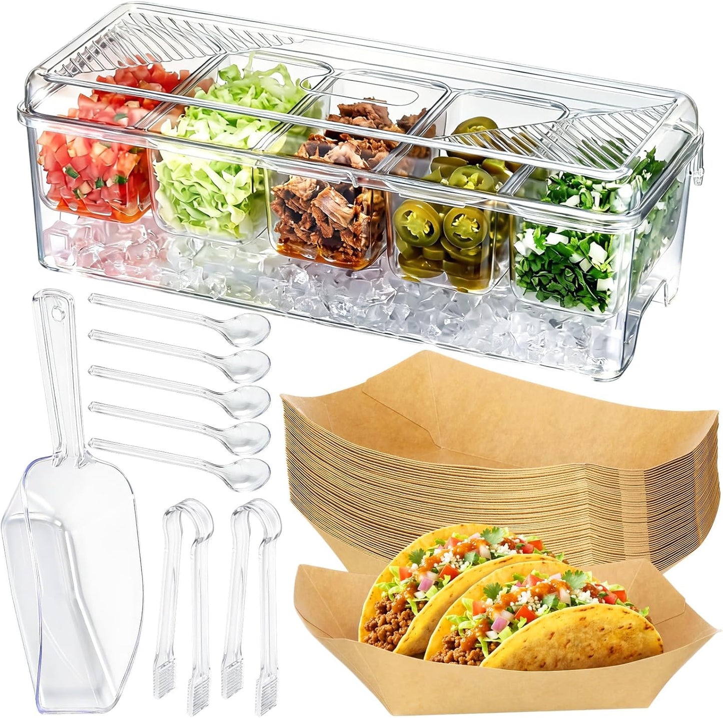 Sliner Taco Bar Serving Set for Party, Ice Chilled Condiment Caddy with 5 Containers, 50 Paper Food Trays, Scoop Spoons Clip, Fruit Salad Chilled Tray for Taco Mimosa Bar Party Beach Picnic Outdoor