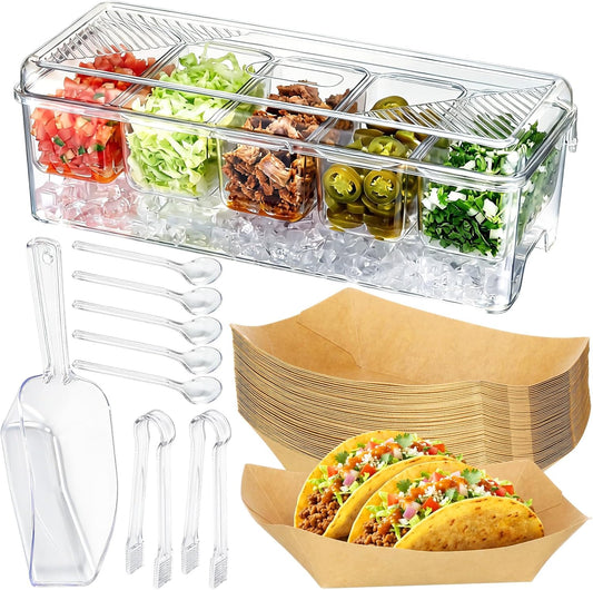 Sliner Taco Bar Serving Set for Party, Ice Chilled Condiment Caddy with 5 Containers, 50 Paper Food Trays, Scoop Spoons Clip, Fruit Salad Chilled Tray for Taco Mimosa Bar Party Beach Picnic Outdoor