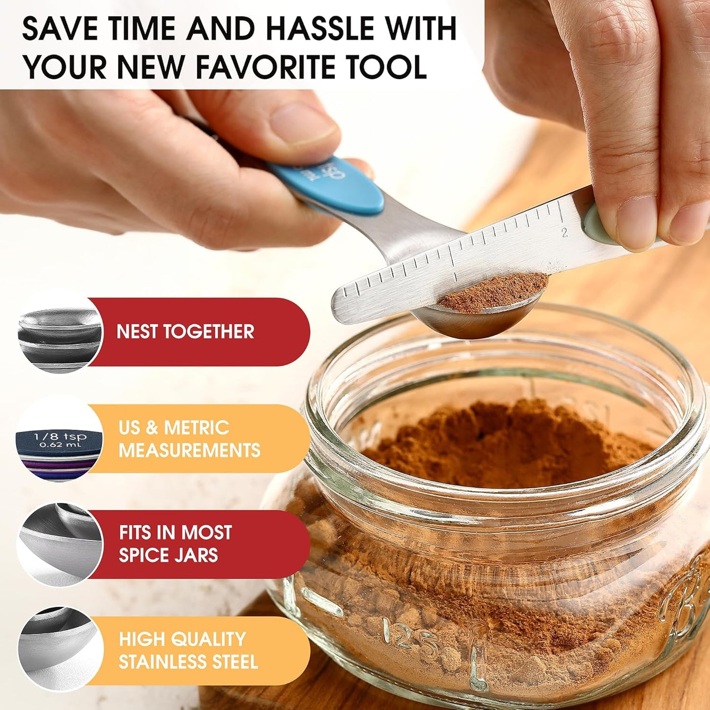 Spring Chef Stainless Steel Magnetic Measuring Spoons Set with Strong N45 Magnets, Heavy Duty Metal Kitchen Gadgets for Baking & Cooking, Fits in Most Kitchen Spice Jars, Set of 8 with Leveler, Black