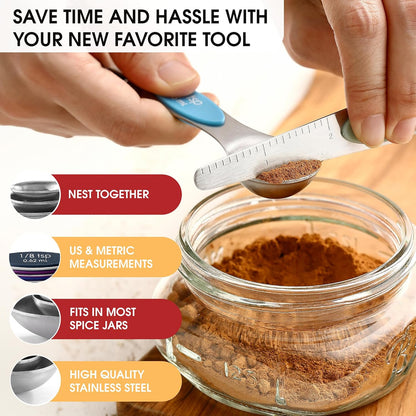 Spring Chef Stainless Steel Magnetic Measuring Spoons Set with Strong N45 Magnets, Heavy Duty Metal Kitchen Gadgets for Baking & Cooking, Fits in Most Kitchen Spice Jars, Set of 8 with Leveler, Black