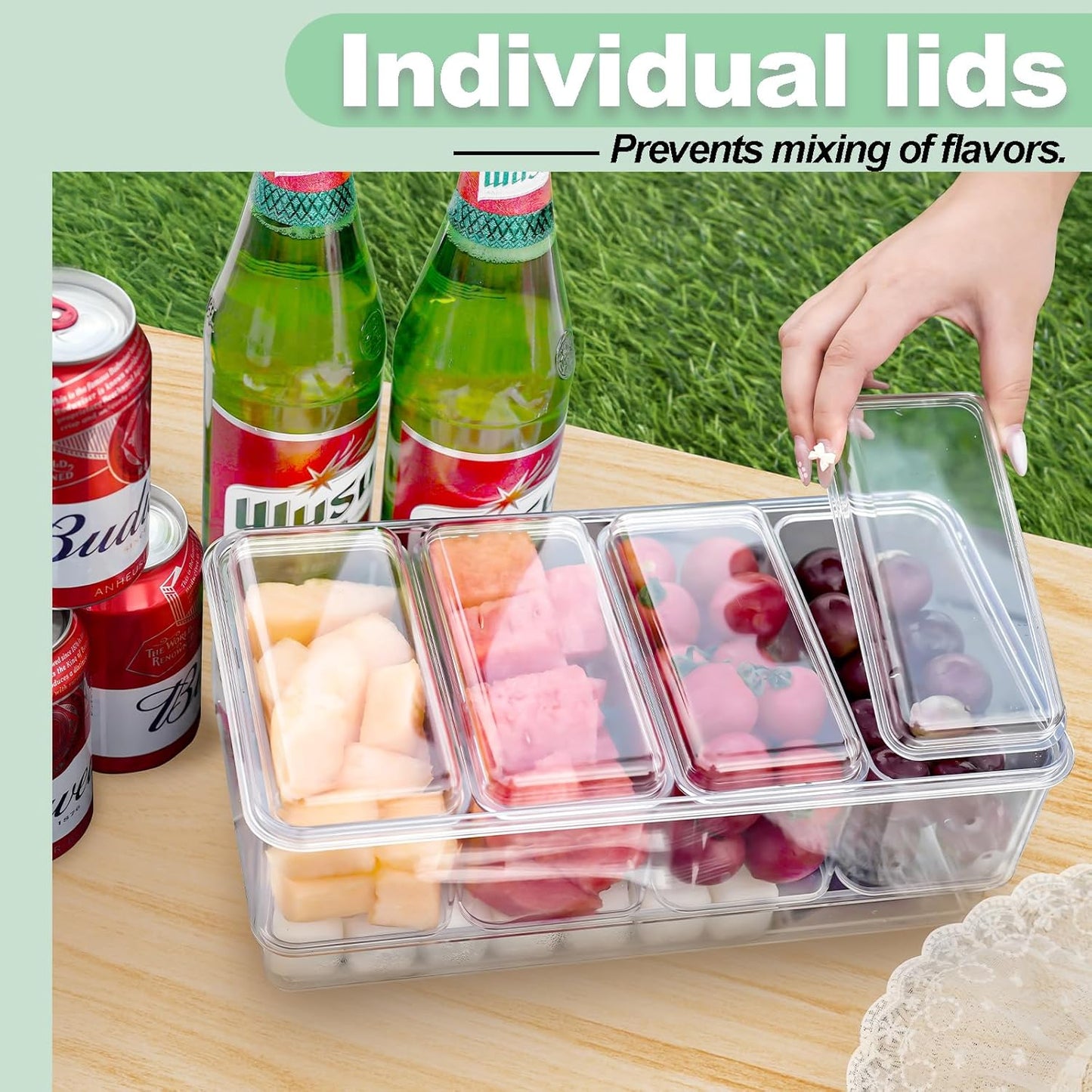 TERGOO Ice Chilled Condiment Caddy with 20 Reusable Ice Cubes, Thickened Condiment Server Tray with Lid for 4 Removable Trays, Portable Snackle Box Container for Bar, Fruit, Salad, Taco, Party Garnish
