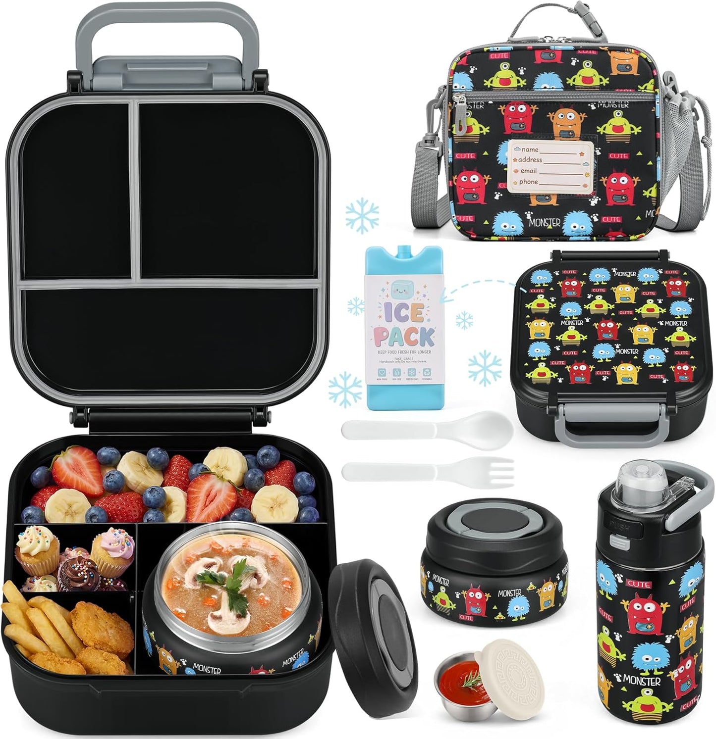 Bento Lunch Box for Kids with 7oz Soup Thermo,Insulated Stainless Steel Kids Water Bottle with Straw and Insulated Lunch Bag,Leak-Proof Lunch Food Container with Ice Pack for School (Purple-Mermaid)