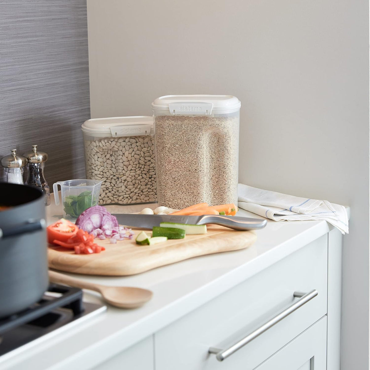 Sistema Flour and Sugar Storage Containers for Pantry with Lids and Measuring Cup, Dishwasher Safe, 13.7-Cup, White