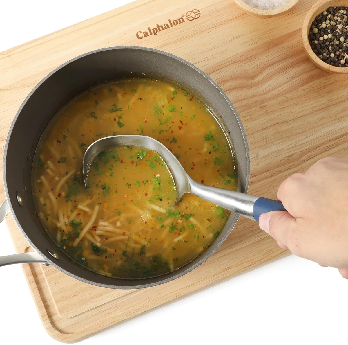 Calphalon Edge Soup Ladle, Stainless Steel Soup Ladle, Serving Ladle with Silicone Handle, Heat-Resistant Nonstick-Safe Kitchen Ladle for Soups, Sauces & Stews, Taupe