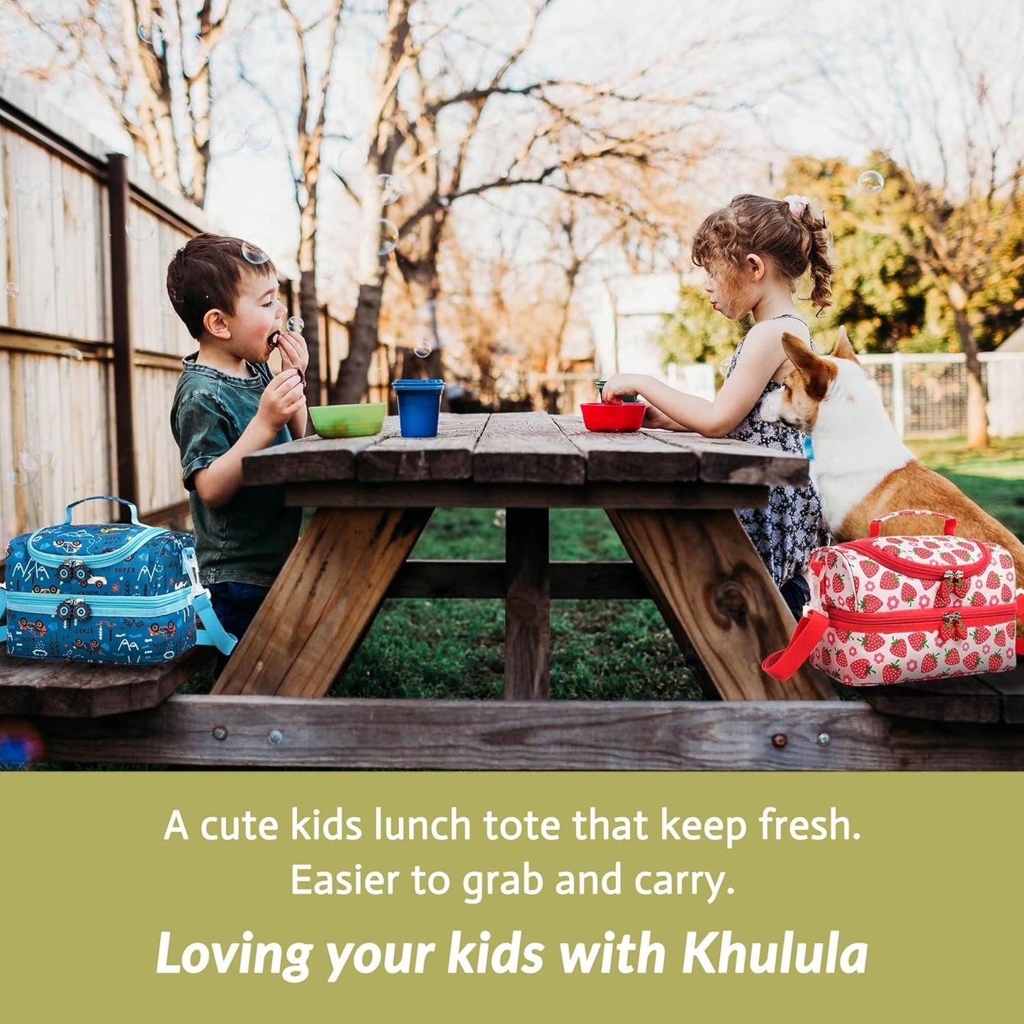 Insulated Kids Dual Compartment Lunch Bags Tote Pack for Girls Boys Toddler Kindergarten School Picnic Cooler Thermal Lunch Boxes with Strap (Green Rainbow)