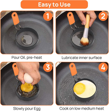 Hhyn Round & Square Egg Rings Set with Orange Silicone Handle