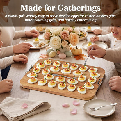 Deviled Egg Containers with Lid, Acacia Wood Deviled Egg Platter Tray for 26 Eggs, Fold-Down Clear BPA-Free Cover Stores Flat, Portable Handle, Secure Latch, 4 Stainless Steel Forks (Black)