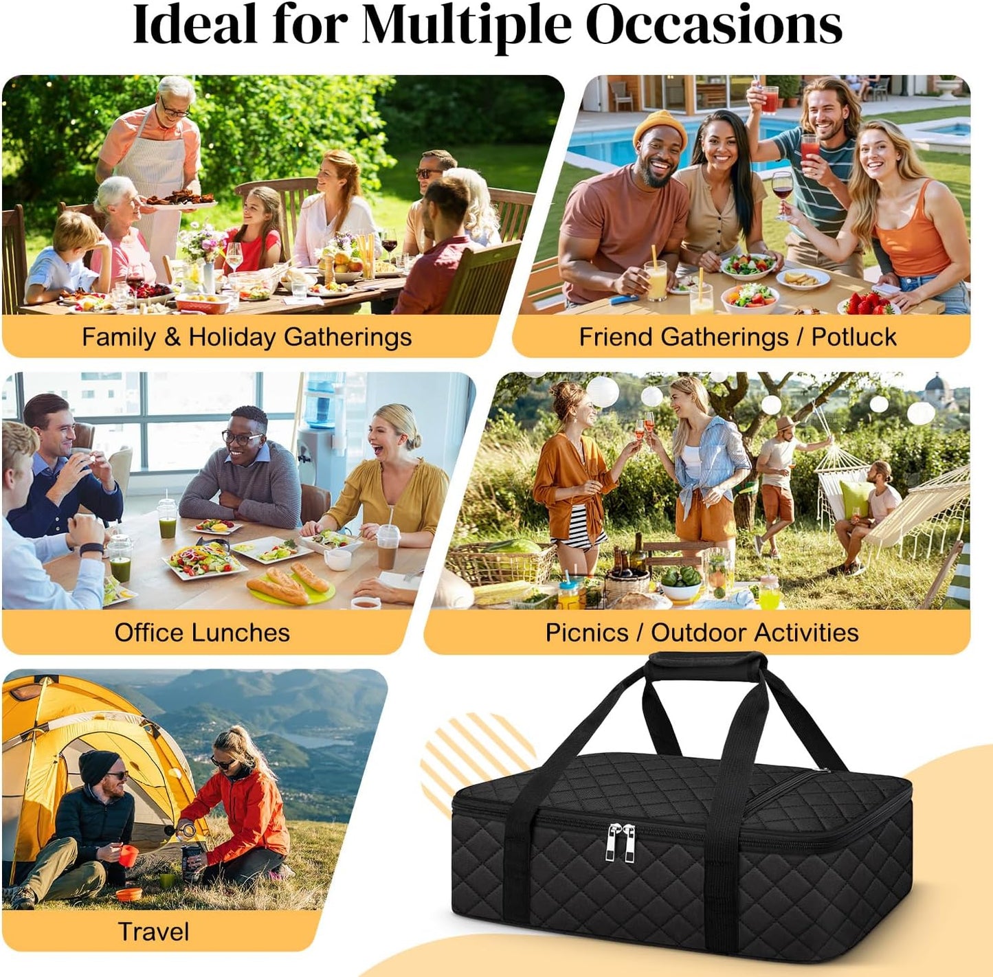 Coobiiya Insulated Casserole Carrier,Lasagna Lugger Tote Keeps Food Hot or Cold,Thermal Lunch Bag Warmer & Cooler Carrier Bag,Portable Tote Bag Fits 9" x 13" Baking Dish for Picnic and Cookout