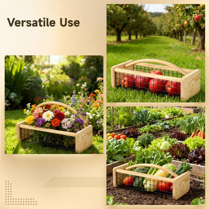yeesport Metal Wire Garden Hod Harvest Basket with Wood Handle, 16.5 x 7.9 x 4.8 in, Large Capacity Fruit and Vegetable Storage Basket for Kitchen, Pantry, and Garden