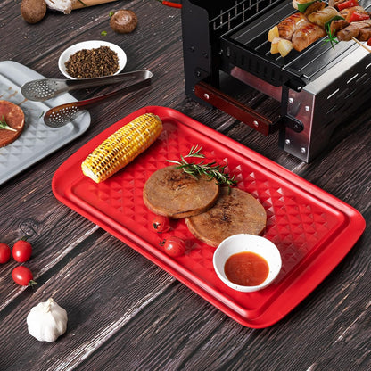 BBQ Tray for Raw Meat Prep and Cooked Food, Grill Prep and Serve Trays, Melamine Serving Trays and Platters for Food, Unbreakable Party Tray, Set of 2, Black and Red