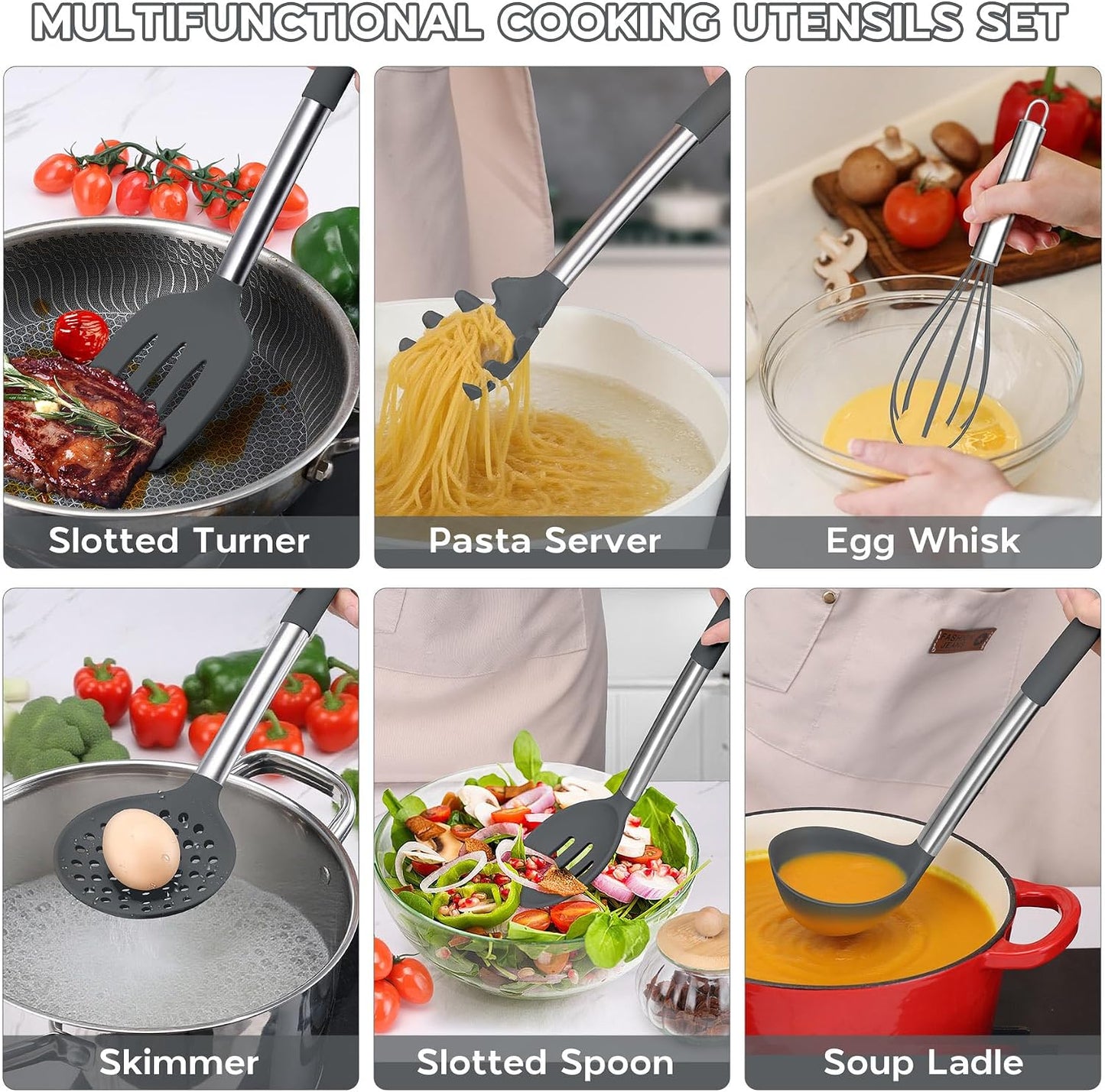 Onader Kitchen Utensils Set, 15 Pcs Silicone Cooking Utensils Set with Holder and Heat Resistant Stainless Steel Handle for Nonstick Cookware - Black