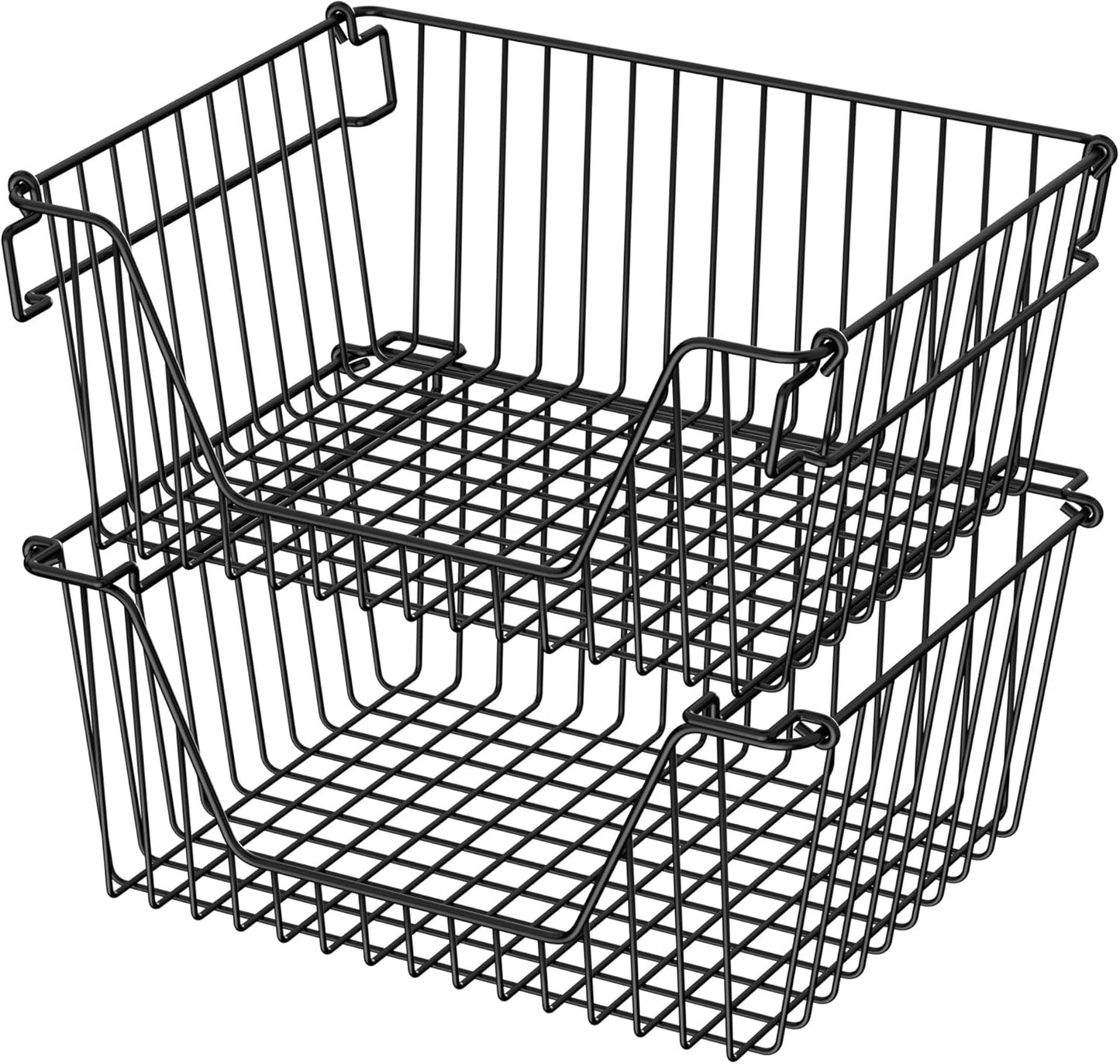 Stackable Wire Metal Baskets Sturdy Cabinet Organizer Wire Pantry Freezer Bin with Handle for Kitchen Fruit Vegetable Organization, Black, 3Packs
