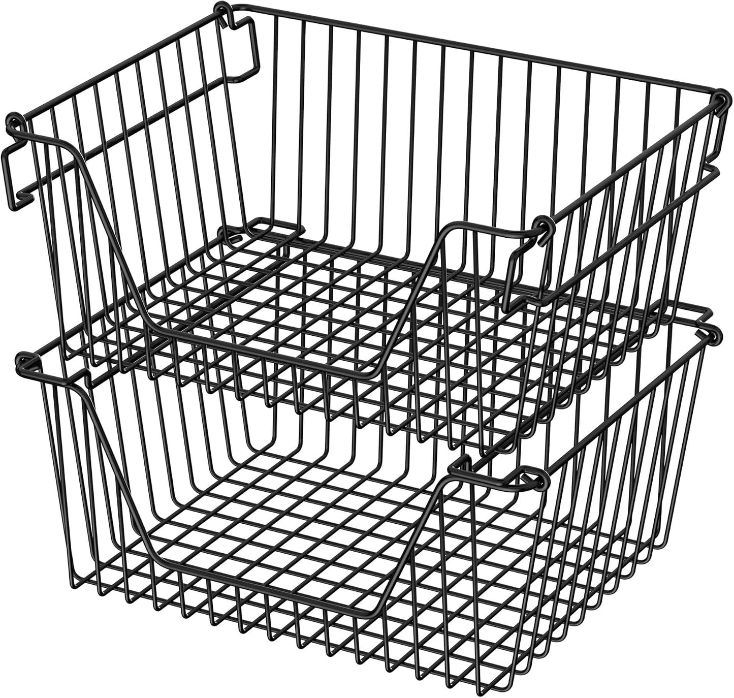 Stackable Wire Metal Baskets Sturdy Cabinet Organizer Wire Pantry Freezer Bin with Handle for Kitchen Fruit Vegetable Organization, Black, 3Packs