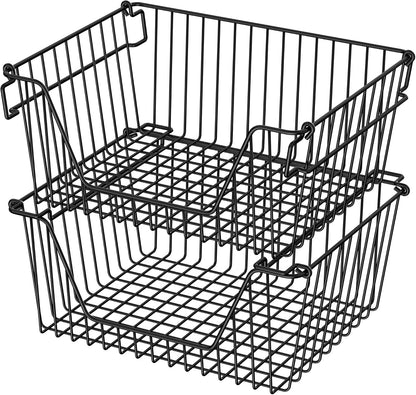 Stackable Wire Metal Baskets Sturdy Cabinet Organizer Wire Pantry Freezer Bin with Handle for Kitchen Fruit Vegetable Organization, Black, 3Packs