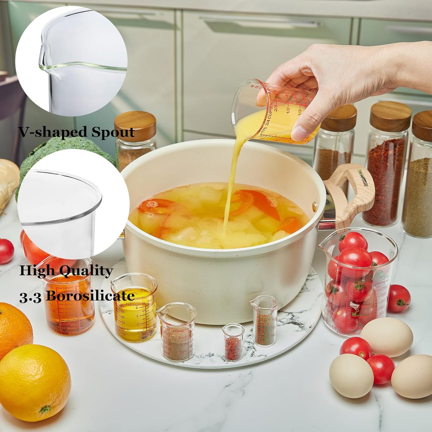 3 Piece Glass Measuring Cup Set, Includes 1/2-Cup, 1-Cup, and 2-Cup High Borosilicate Glasss Liquid Measuring Cups, Dishwasher, Freezer, Microwave, and Preheated Oven Safe, Essential Kitchen Tools