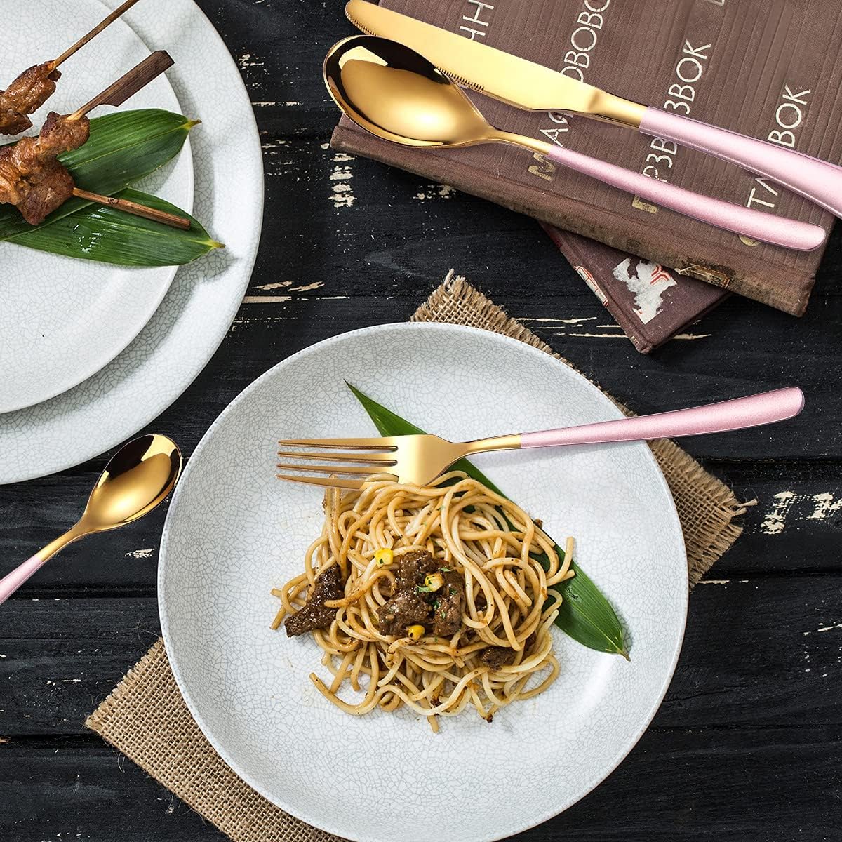 AARAINBOW 7 Pieces Stainless Steel Flatware Set Portable Reusable Cutlery Set Travel Utensils Set Including Chopsticks Knife Fork Spoon Straws Cleaning Brush Dishwasher Safe (B-Pink Golden)