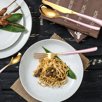 AARAINBOW 7 Pieces Stainless Steel Flatware Set Portable Reusable Cutlery Set Travel Utensils Set Including Chopsticks Knife Fork Spoon Straws Cleaning Brush Dishwasher Safe (B-Pink Golden)