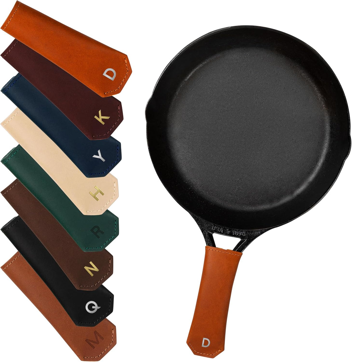 Personalized Cast Iron Handle Covers, Leather Set of 2, USA Made