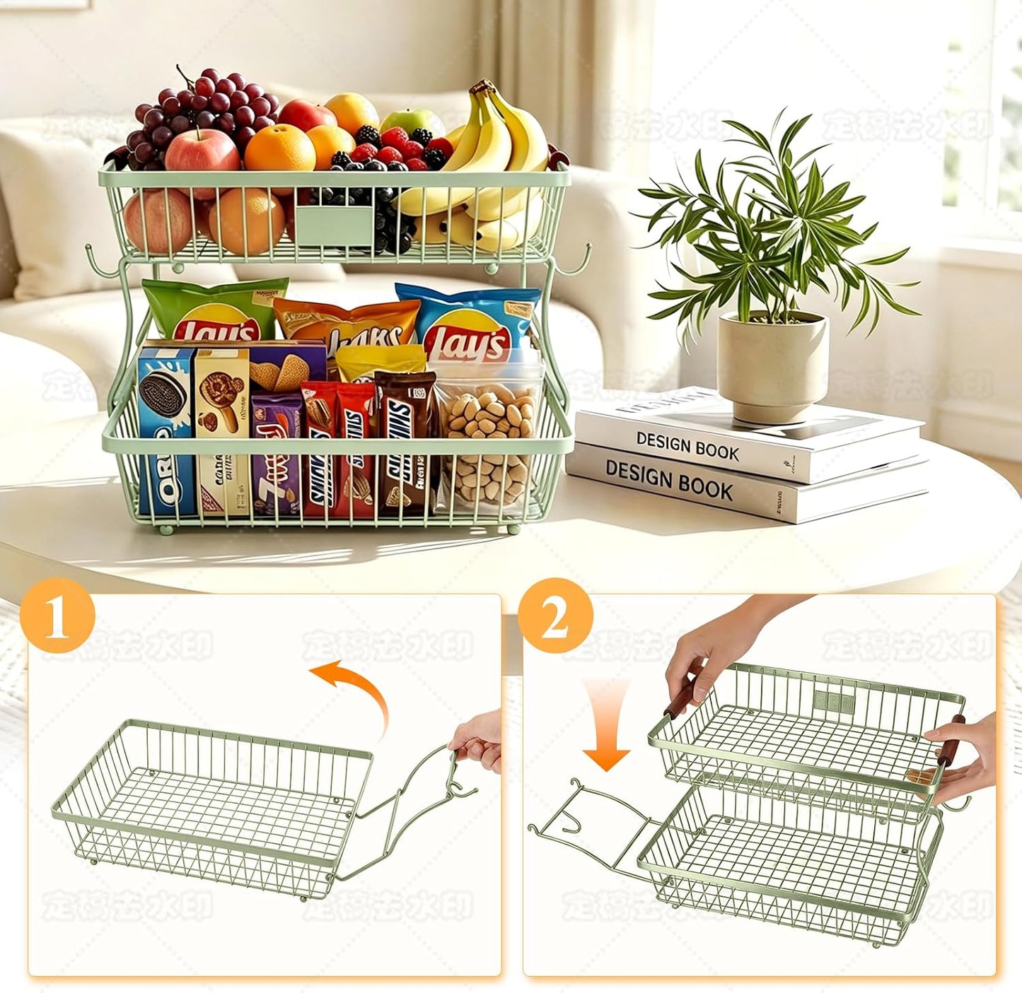 2-Tier Stackable Wire Basket with 2 Banana Hooks, Pantry Organizer for Kitchen Countertops, Cabinets & Under-Sink Spaces; Ideal for Storing Snacks, Fruits, Veggies, Onions, Potatoes, & More,Black
