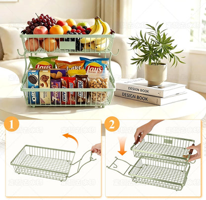 2-Tier Stackable Wire Basket with 2 Banana Hooks, Pantry Organizer for Kitchen Countertops, Cabinets & Under-Sink Spaces; Ideal for Storing Snacks, Fruits, Veggies, Onions, Potatoes, & More,Black