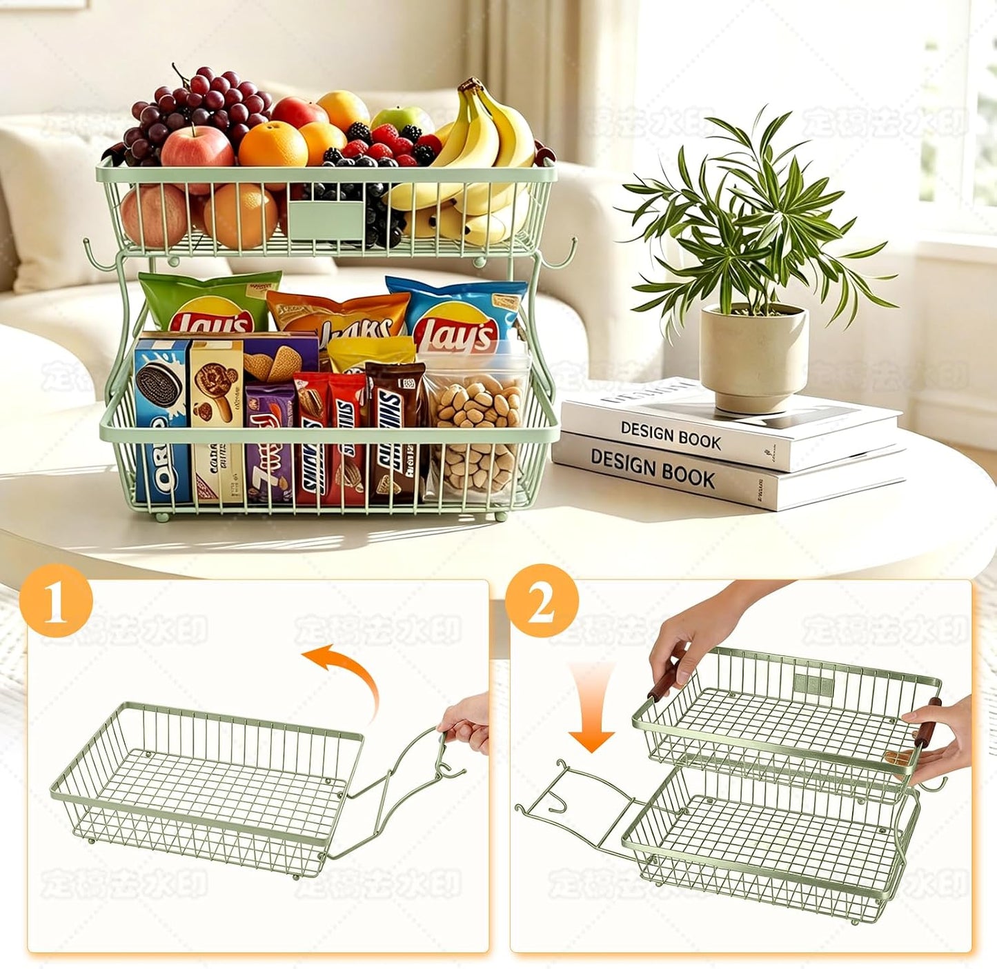 2-Tier Stackable Wire Basket with 2 Banana Hooks, Pantry Organizer for Kitchen Countertops, Cabinets & Under-Sink Spaces; Ideal for Storing Snacks, Fruits, Veggies, Onions, Potatoes, & More,Black