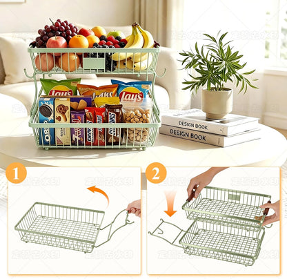 2-Tier Stackable Wire Basket with 2 Banana Hooks, Pantry Organizer for Kitchen Countertops, Cabinets & Under-Sink Spaces; Ideal for Storing Snacks, Fruits, Veggies, Onions, Potatoes, & More,Black