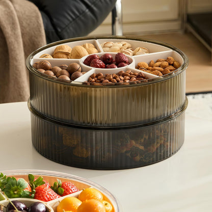 2-Tier Divided Serving Tray with Lid & Bow Knob – Large Stackable Snack Vegetable Trays Container for Fruit Veggie Candy Nuts & Cookies – Ideal for Party Buffet & Home (Clear Black)