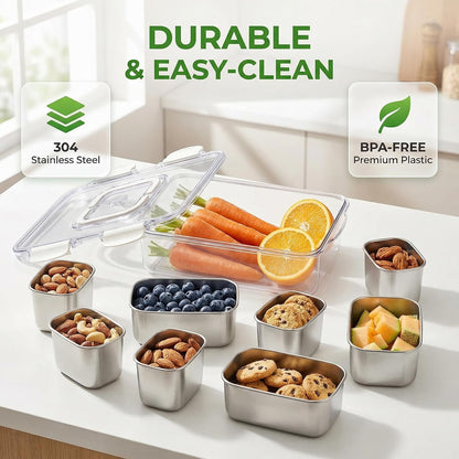 Snackle Box Container, 6-Compartment Stainless Steel Tray with Lid & Handle, Portable Divided Serving Platter for Fruit, Veggie, Candy - Perfect for Travel, Party, Beach